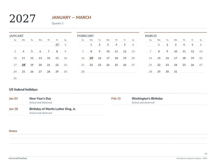 Page 1 of the Editorial Modern: Quarterly Spacious Year 2027 printable calendar PDF