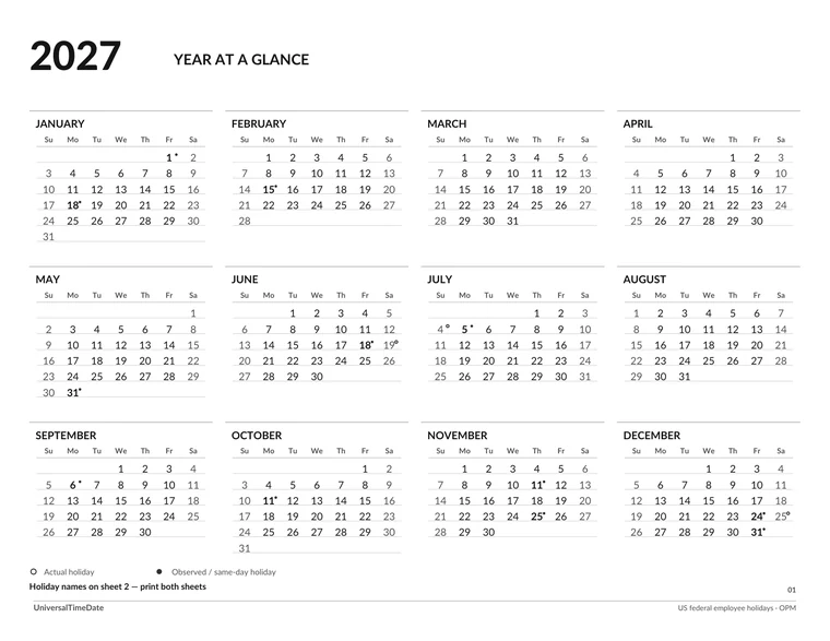 First page of the Minimal White: Compact Year + Key 2027 printable calendar