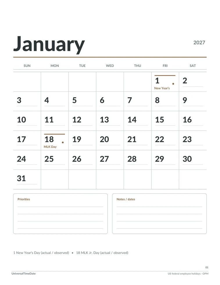 First page of the Writing Planner: Monthly 2027 printable calendar