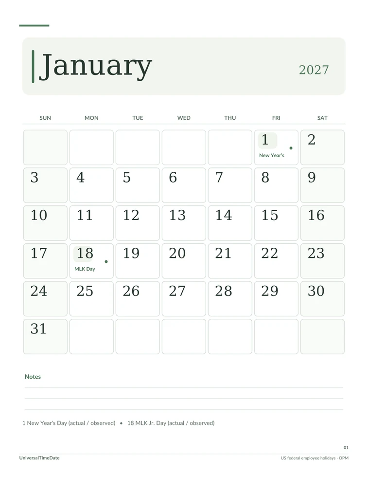 First page of the Sage & Paper: Monthly 2027 printable calendar
