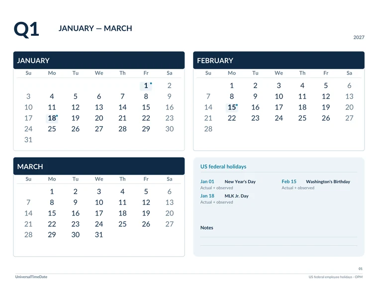 First page of the Navy Precision: Quarterly 2027 printable calendar