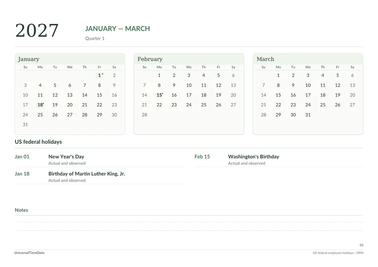 First page of the Sage & Paper: Quarterly Spacious Year (A4) 2027 printable calendar