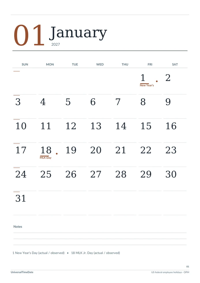First page of the Editorial Modern: Monthly (A4) 2027 printable calendar