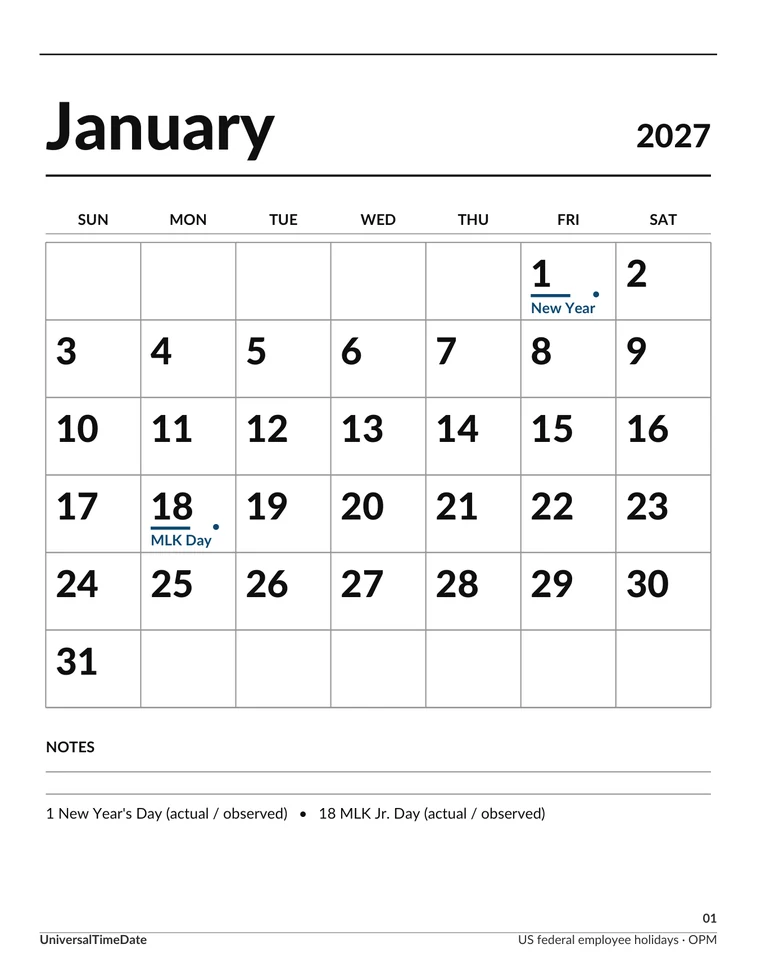 First page of the Large Date Edition: Monthly 2027 printable calendar
