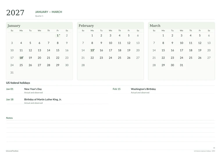 First page of the Sage & Paper: Quarterly Spacious Year (A3) 2027 printable calendar