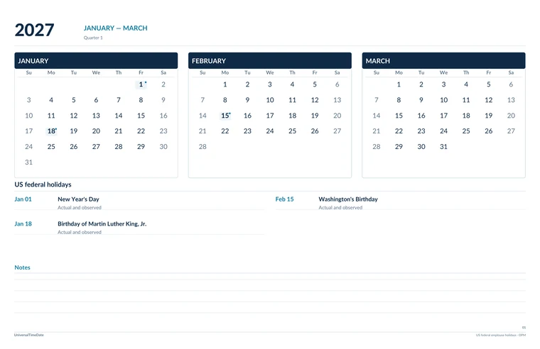 First page of the Navy Precision: Quarterly Spacious Year (Tabloid) 2027 printable calendar