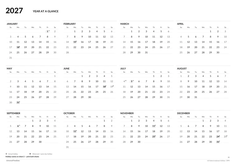 First page of the Minimal White: Compact Year + Key (A3) 2027 printable calendar